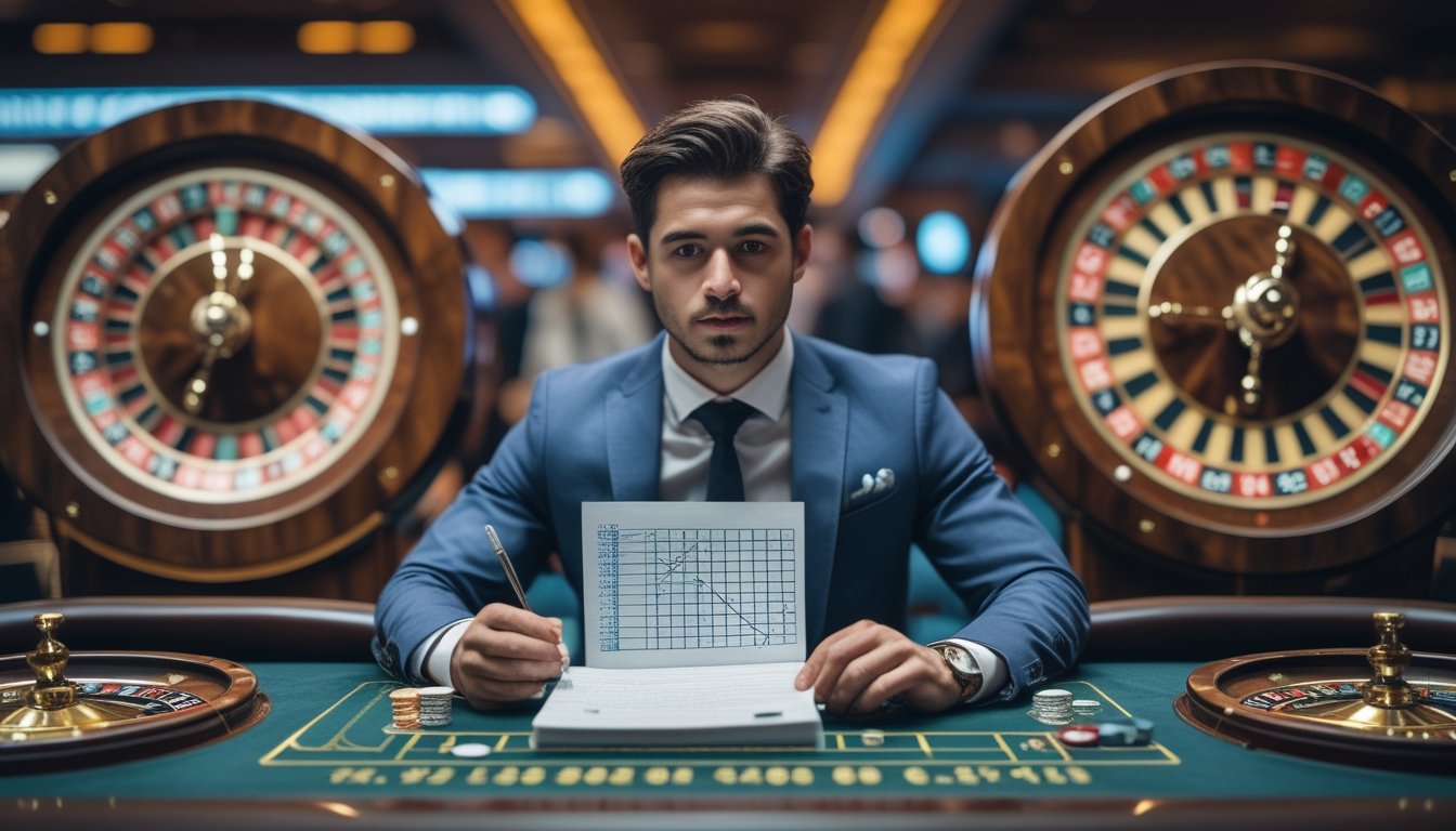 Seorang pemain di meja roulette dengan dua roda roulette, satu klasik dan satu double ball, sedang menganalisis permainan dengan catatan matematika di tangan.