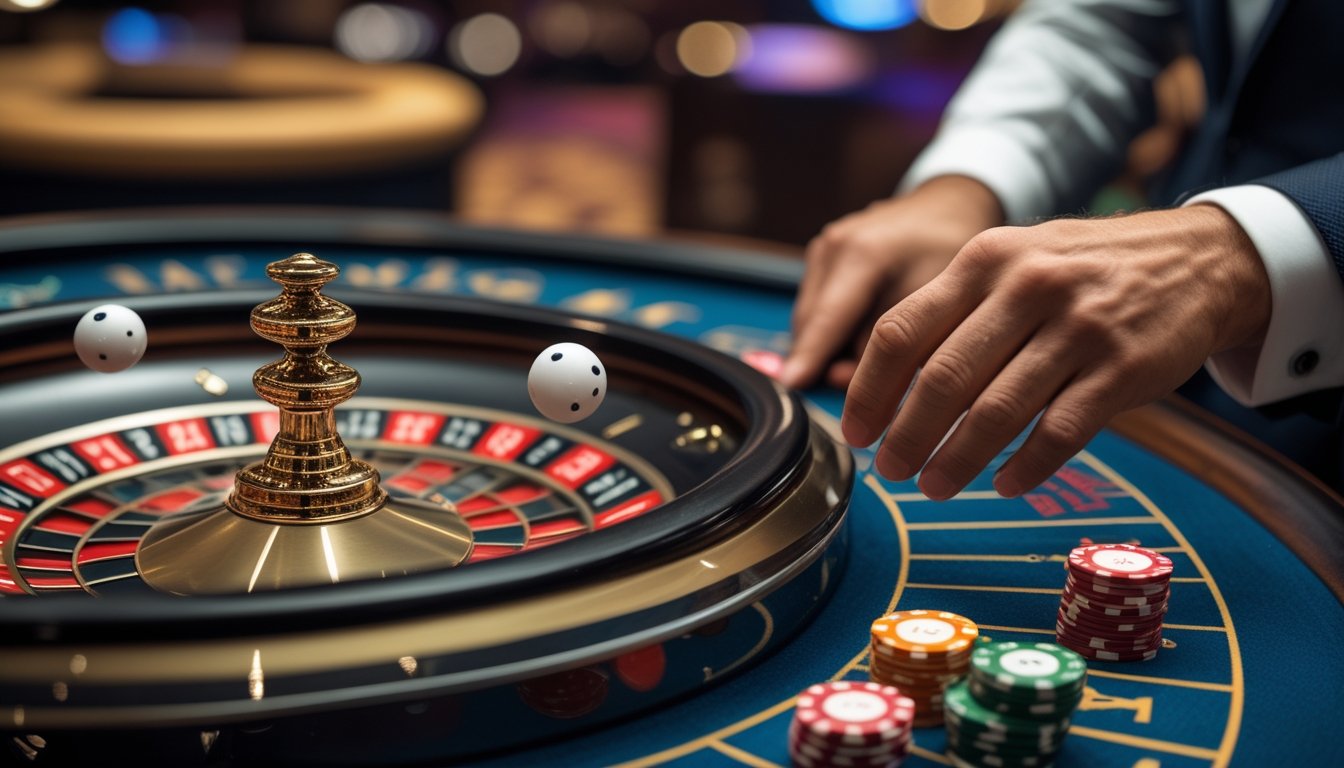 Meja kasino dengan roda roulette bola ganda yang sedang berputar dan tangan pemain meletakkan chip taruhan.