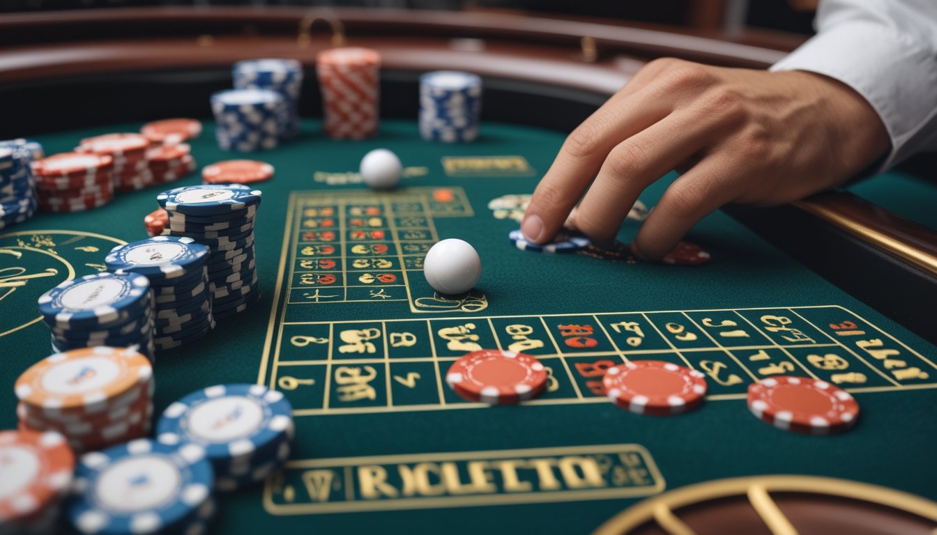 Meja roulette dengan dua bola putih berputar dan tumpukan chip taruhan, dengan tangan pemain sedang menempatkan chip di meja.