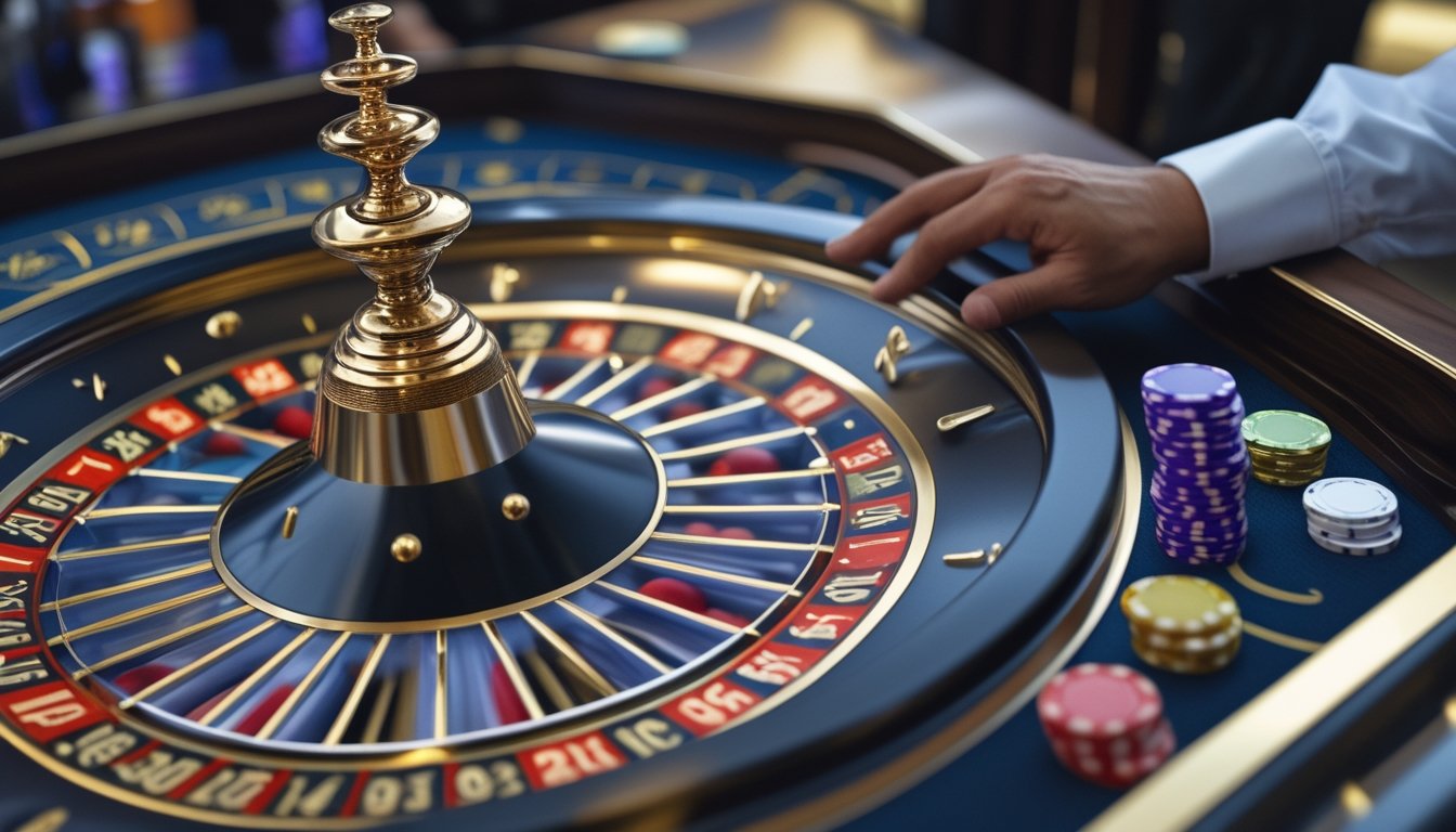 Meja roulette dengan dua bola putih berputar di roda roulette, chip taruhan, dan tangan pemain memasang taruhan di kasino.