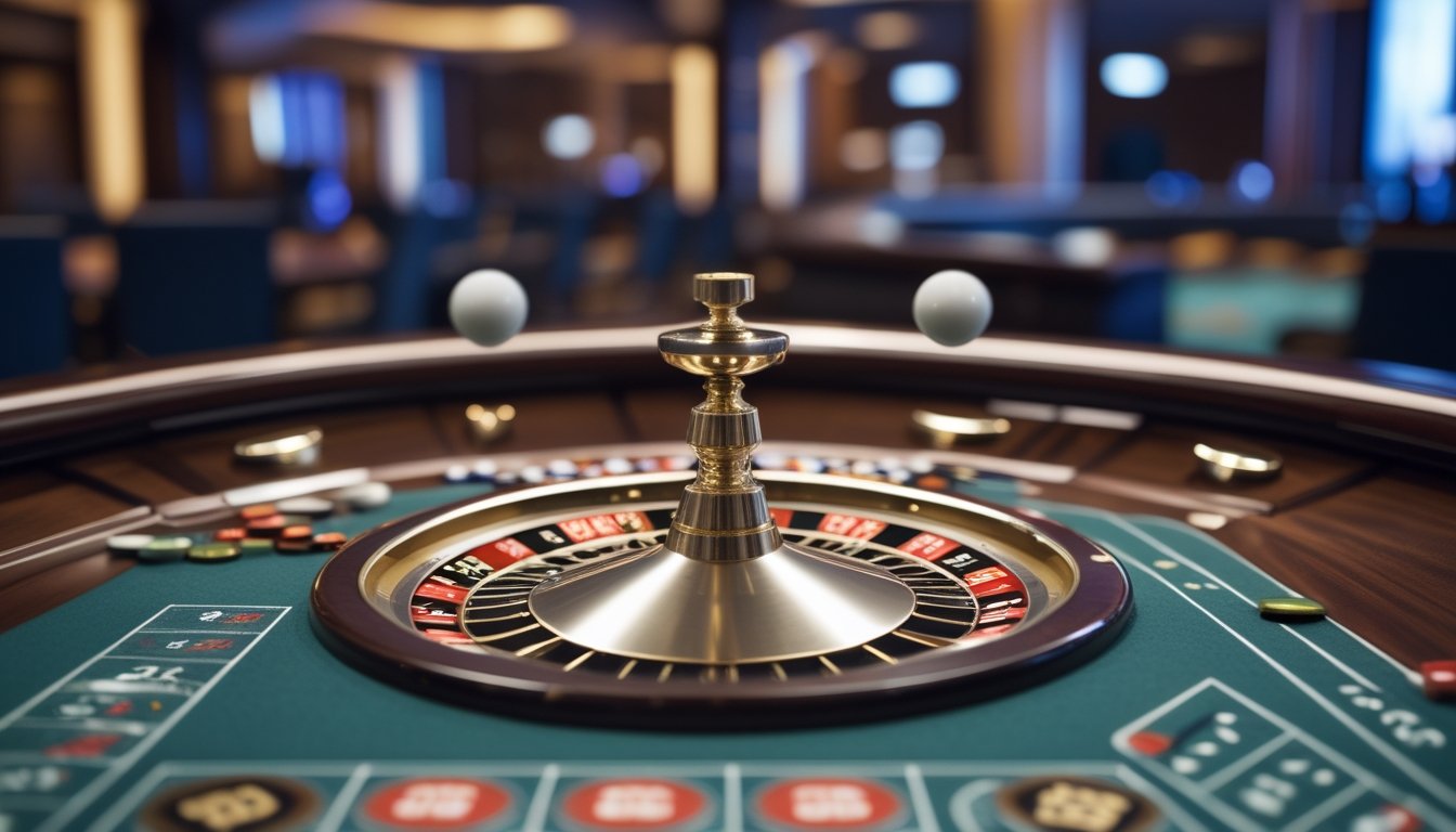 Meja roulette dengan dua bola putih berputar di roda roulette di kasino modern.