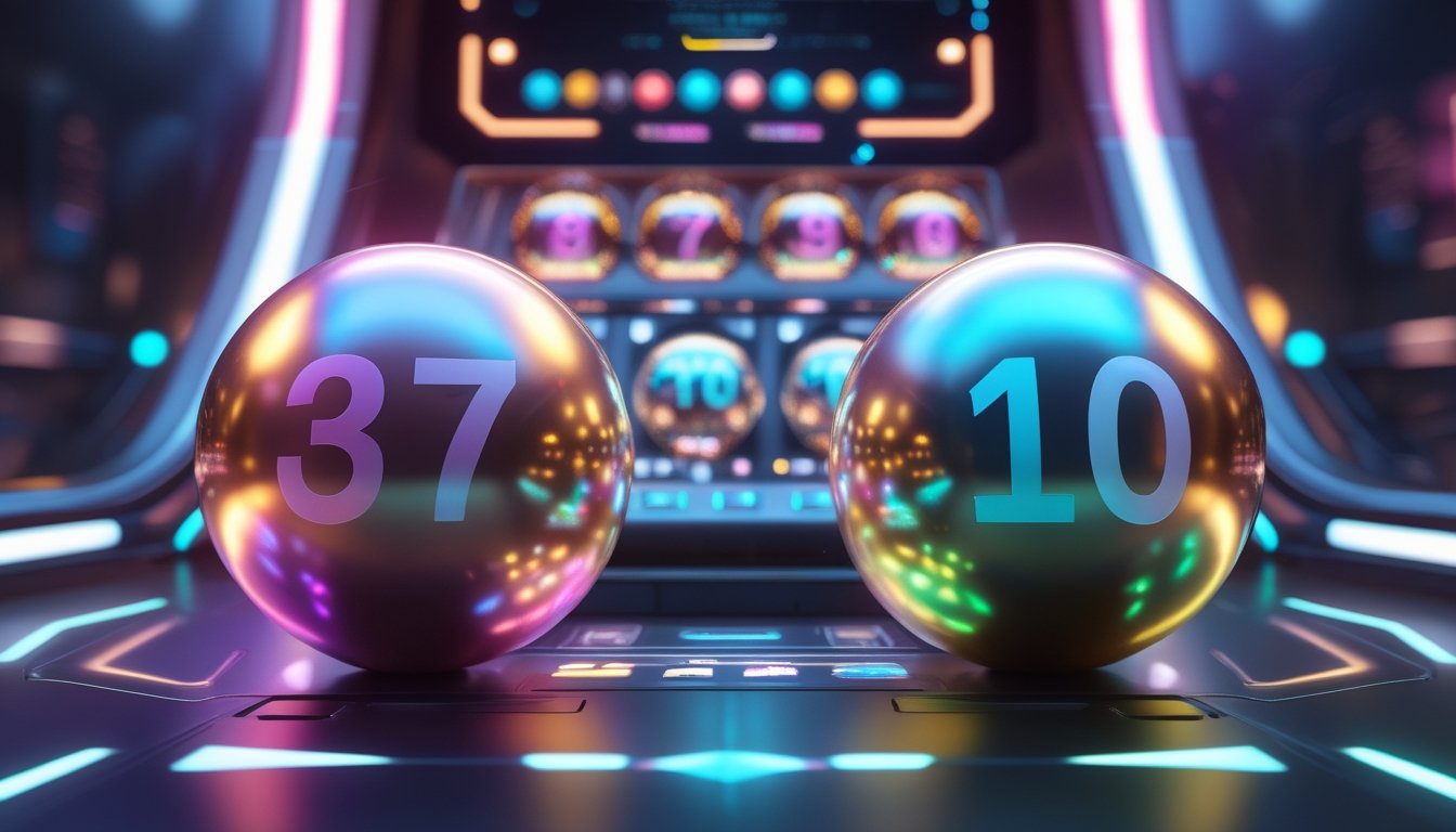 Dua bola lotere berwarna cerah dengan mesin jackpot digital di latar belakang yang menunjukkan suasana kemenangan dan peluang.