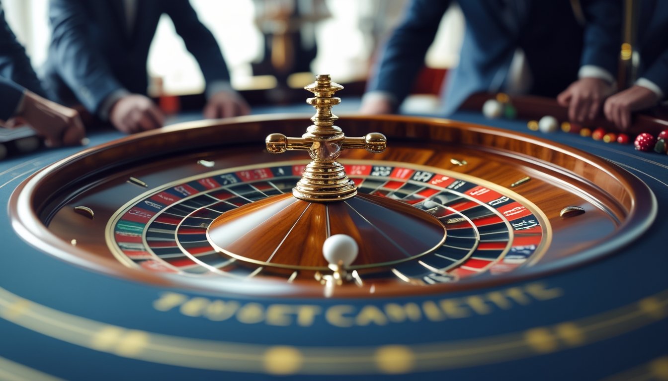 Meja roulette dengan dua bola putih berputar, dealer dan pemain sedang memasang taruhan di kasino.