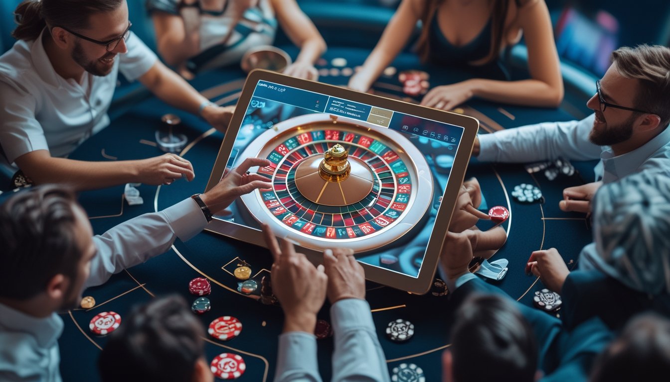Orang-orang bermain permainan Double Ball Roulette di lingkungan kasino online yang modern dan terpercaya.