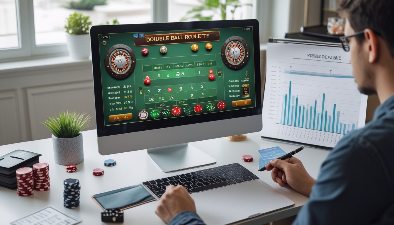 Seseorang sedang menganalisis permainan roulette bola ganda secara online di depan komputer dengan alat tulis dan grafik di meja.