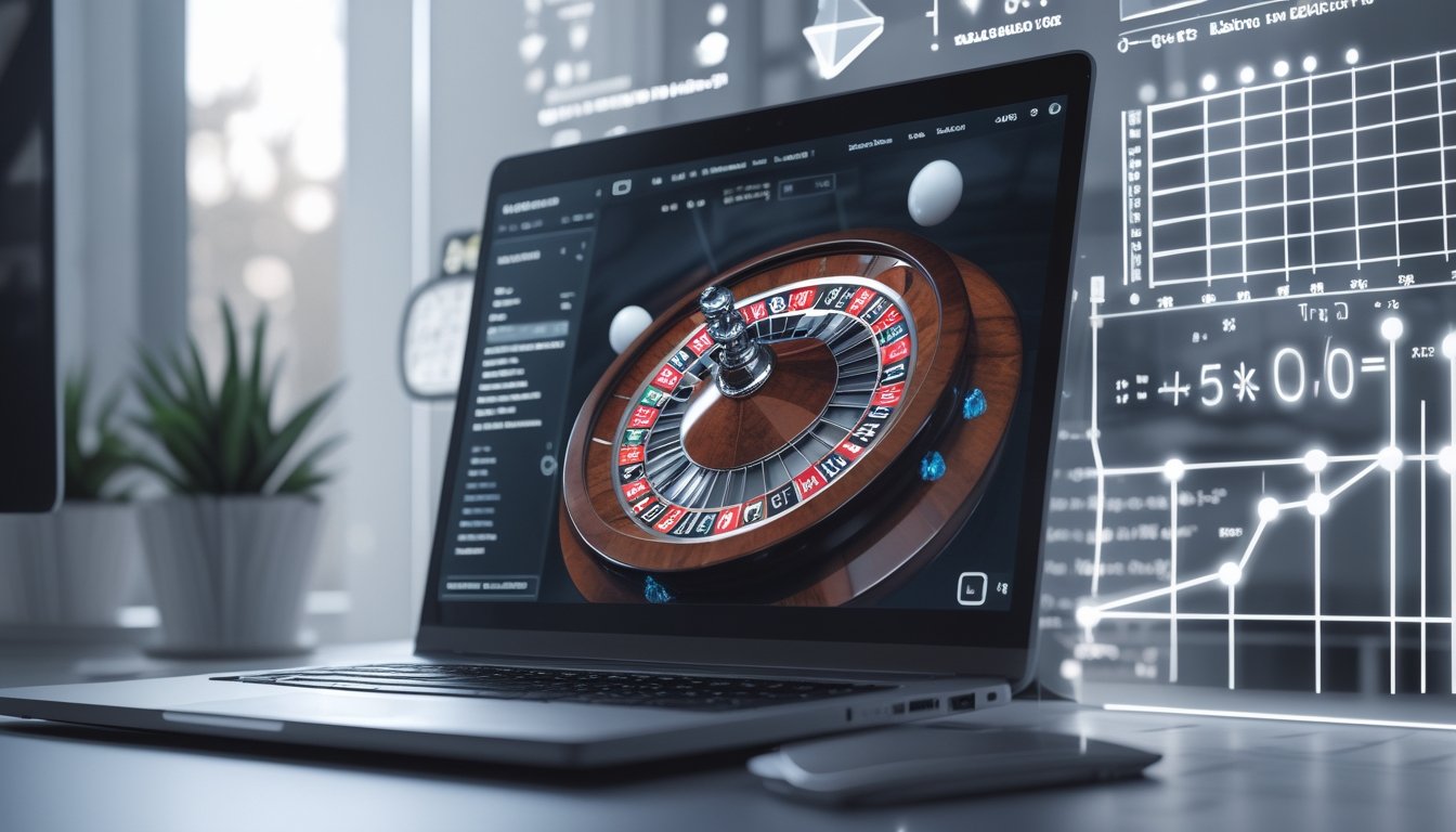 Sebuah meja dengan komputer menampilkan roda roulette double ball yang sedang berputar dan dua bola terlihat di atasnya, dikelilingi oleh grafik dan formula matematika yang menunjukkan perhitungan peluang.