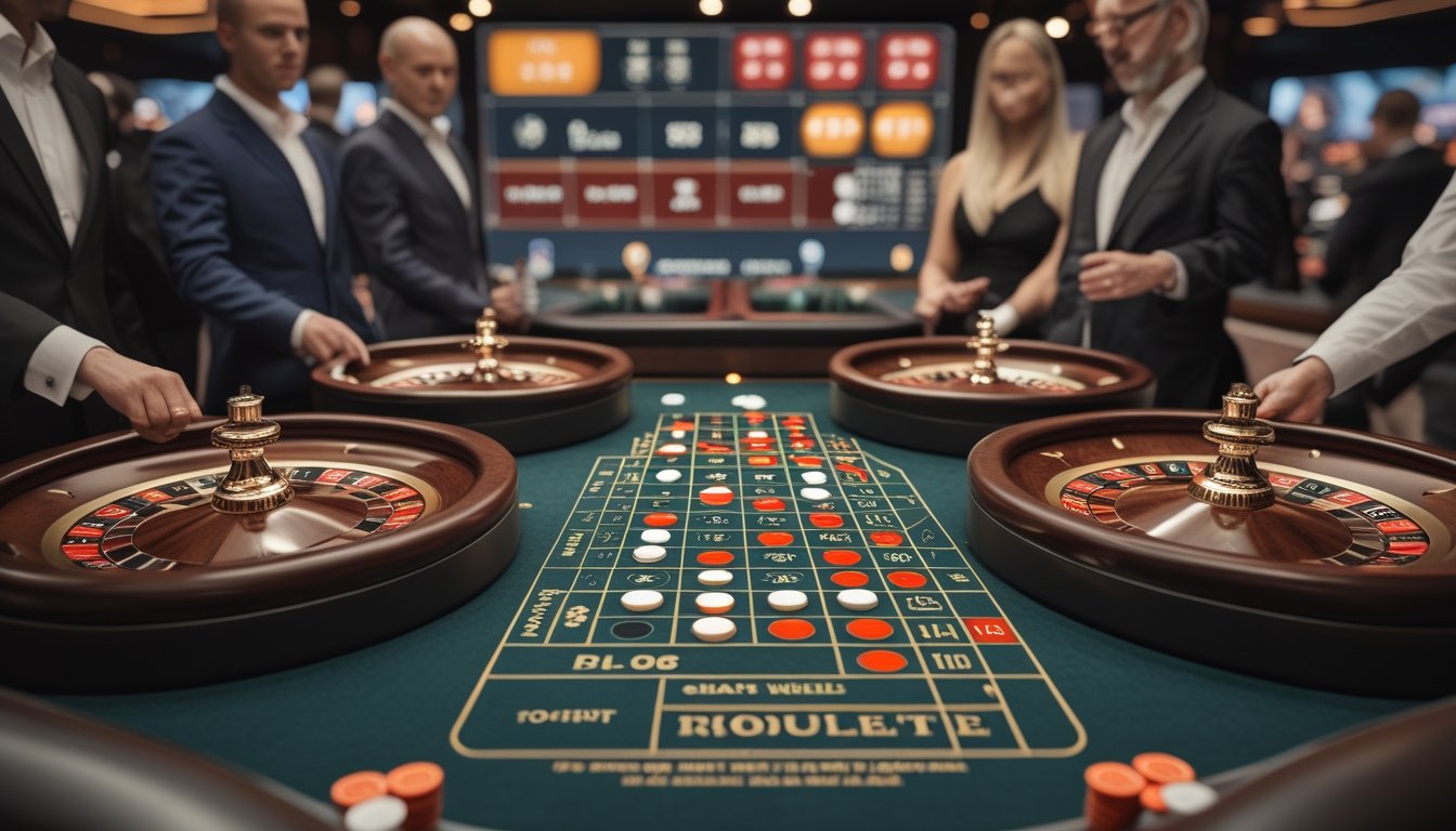 Meja kasino dengan dua roda roulette berdampingan, satu dengan dua bola dan satu dengan satu bola, serta pemain yang sedang memasang taruhan.