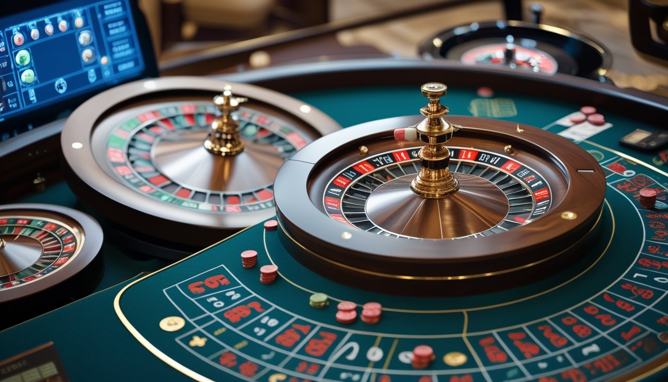 Meja roulette di kasino dengan roda roulette double ball dan varian roulette lainnya terlihat berdampingan.