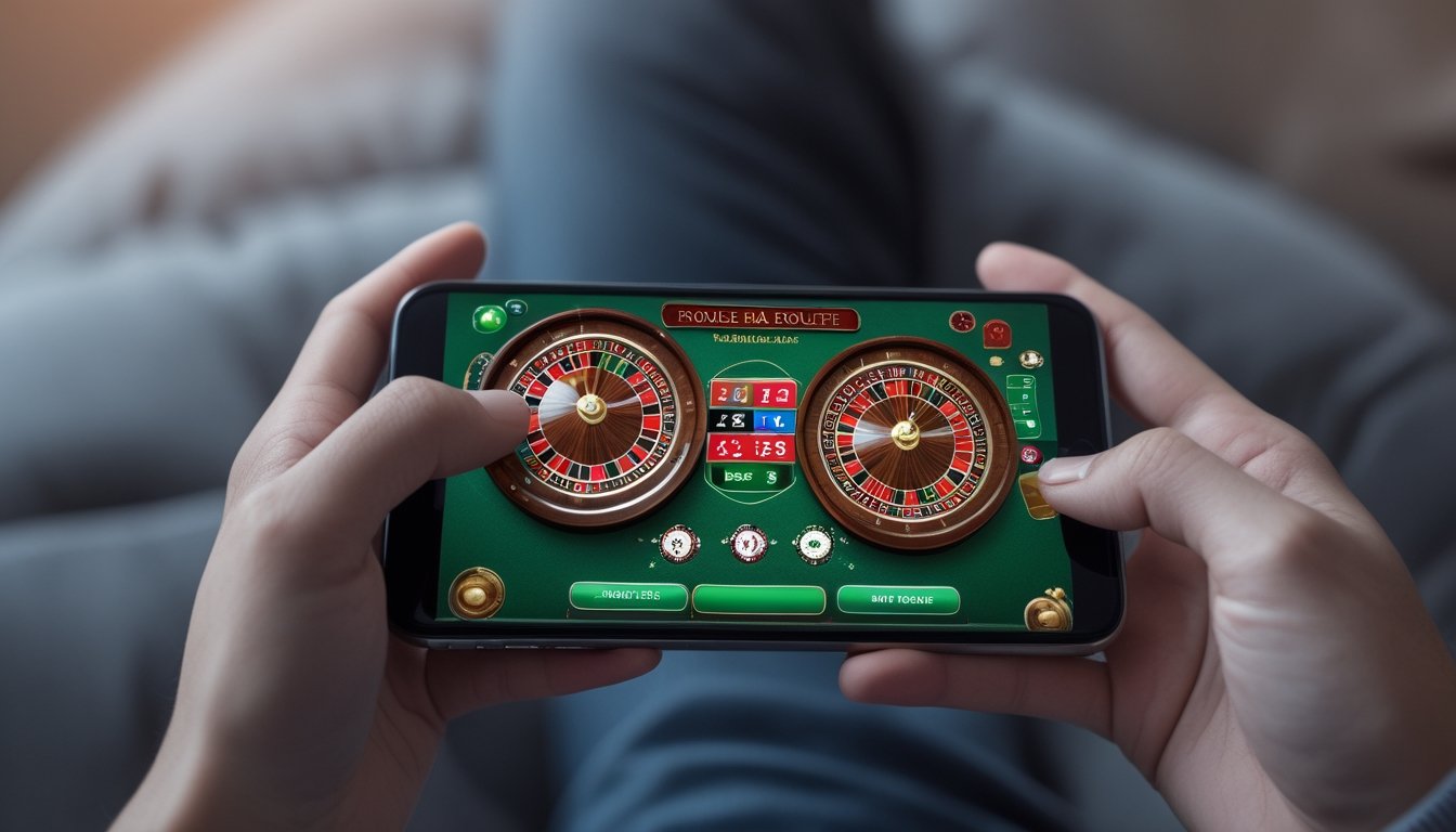 Seseorang memegang ponsel yang menampilkan permainan double ball roulette dengan dua roda roulette di layar.