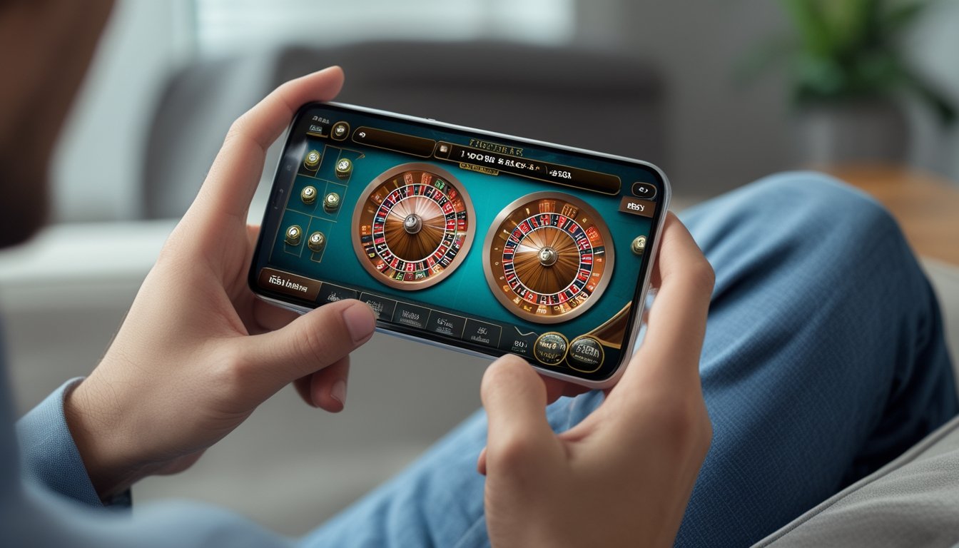 Seseorang memegang ponsel yang menampilkan permainan Double Ball Roulette dengan dua bola berputar di layar.