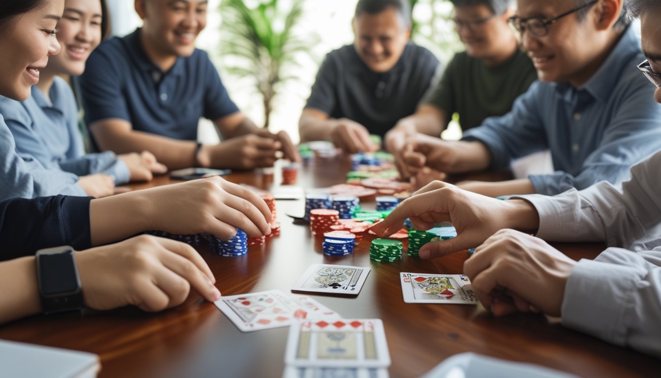 Beberapa orang sedang bermain kartu Chinese Poker di meja kayu dengan suasana ramah dan fokus.