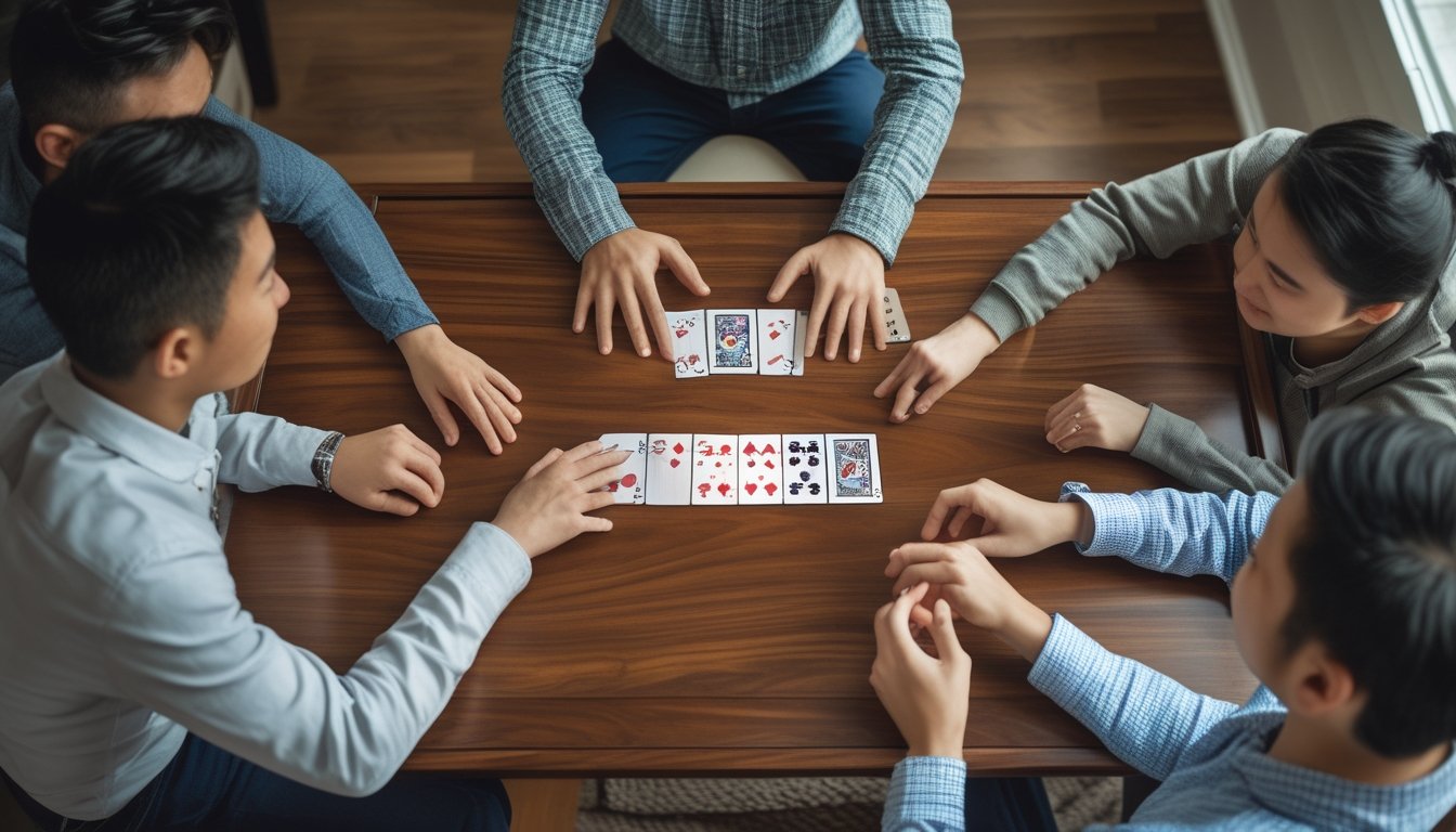 Tiga orang sedang bermain kartu Chinese Poker di meja kayu dengan kartu tertata rapi, suasana terlihat fokus dan ramah.