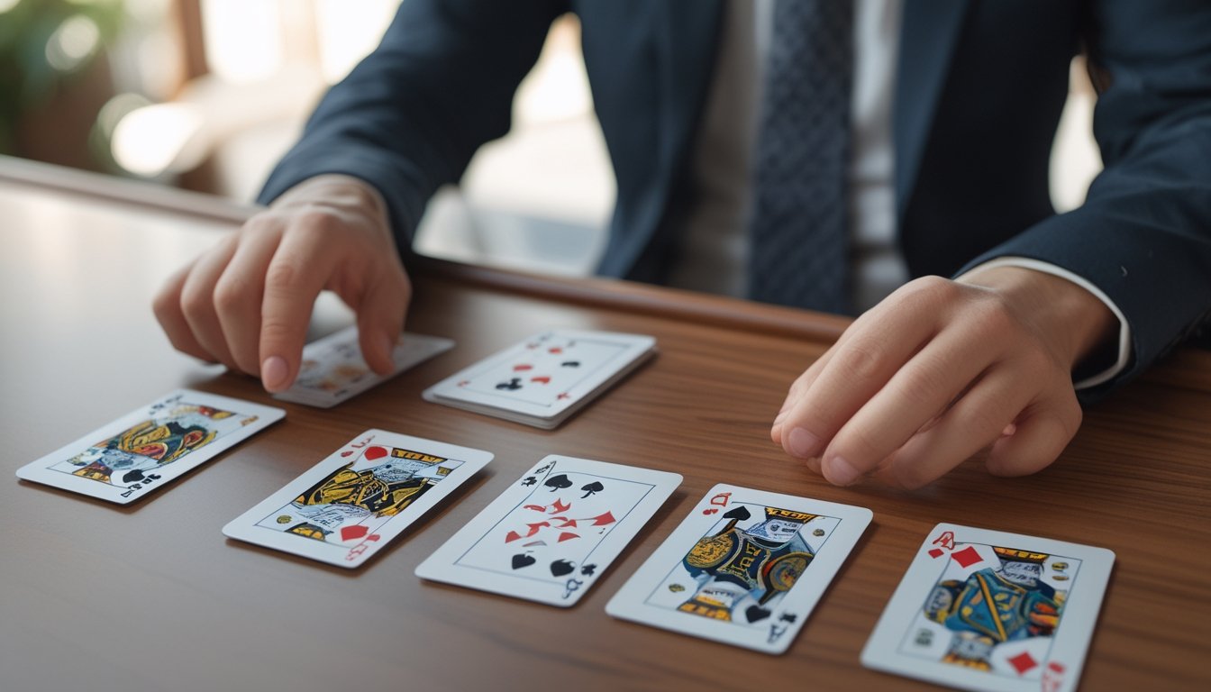 Meja kayu dengan 13 kartu poker Cina yang tersusun rapi dan tangan seorang pemain yang sedang mengatur kartu.