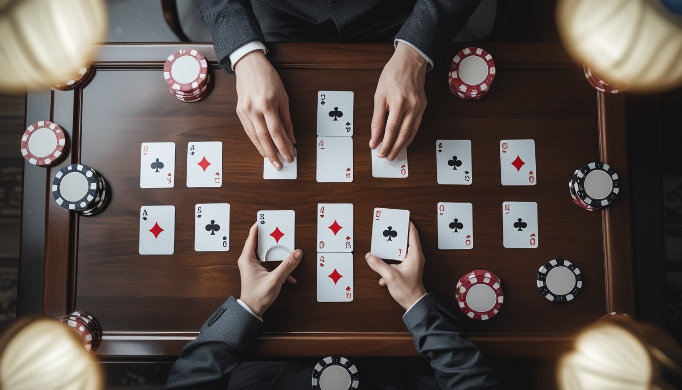Seorang pemain sedang menyusun 13 kartu permainan Chinese Poker di atas meja kayu dengan tertata rapi.
