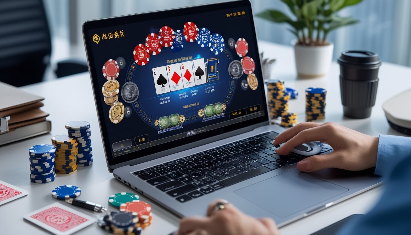 Seorang pemain menggunakan laptop dengan tampilan permainan Chinese Poker online, termasuk chip poker dan kartu bermain di meja kerja yang rapi.
