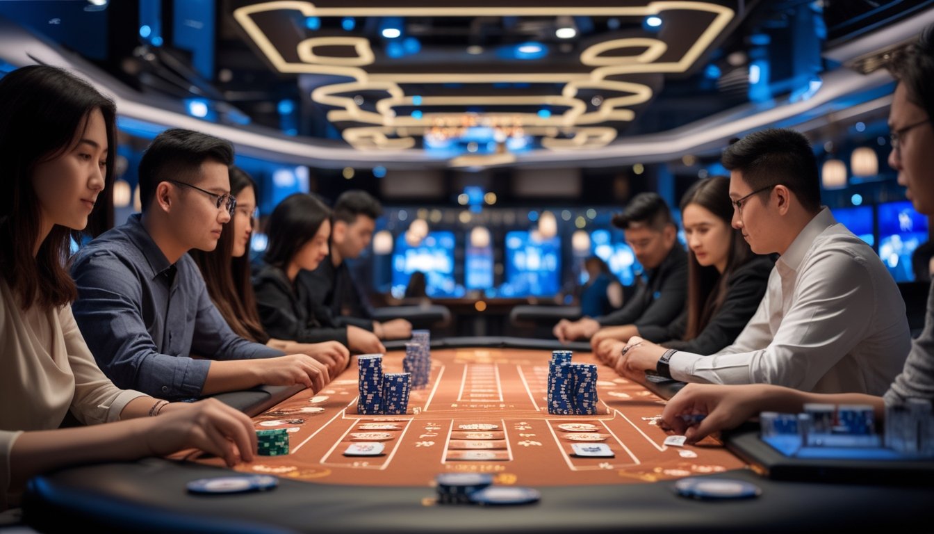 Meja poker dengan dua gaya permainan, satu dengan kartu terbuka di atas meja dan satu dengan kartu tertutup di tangan pemain.