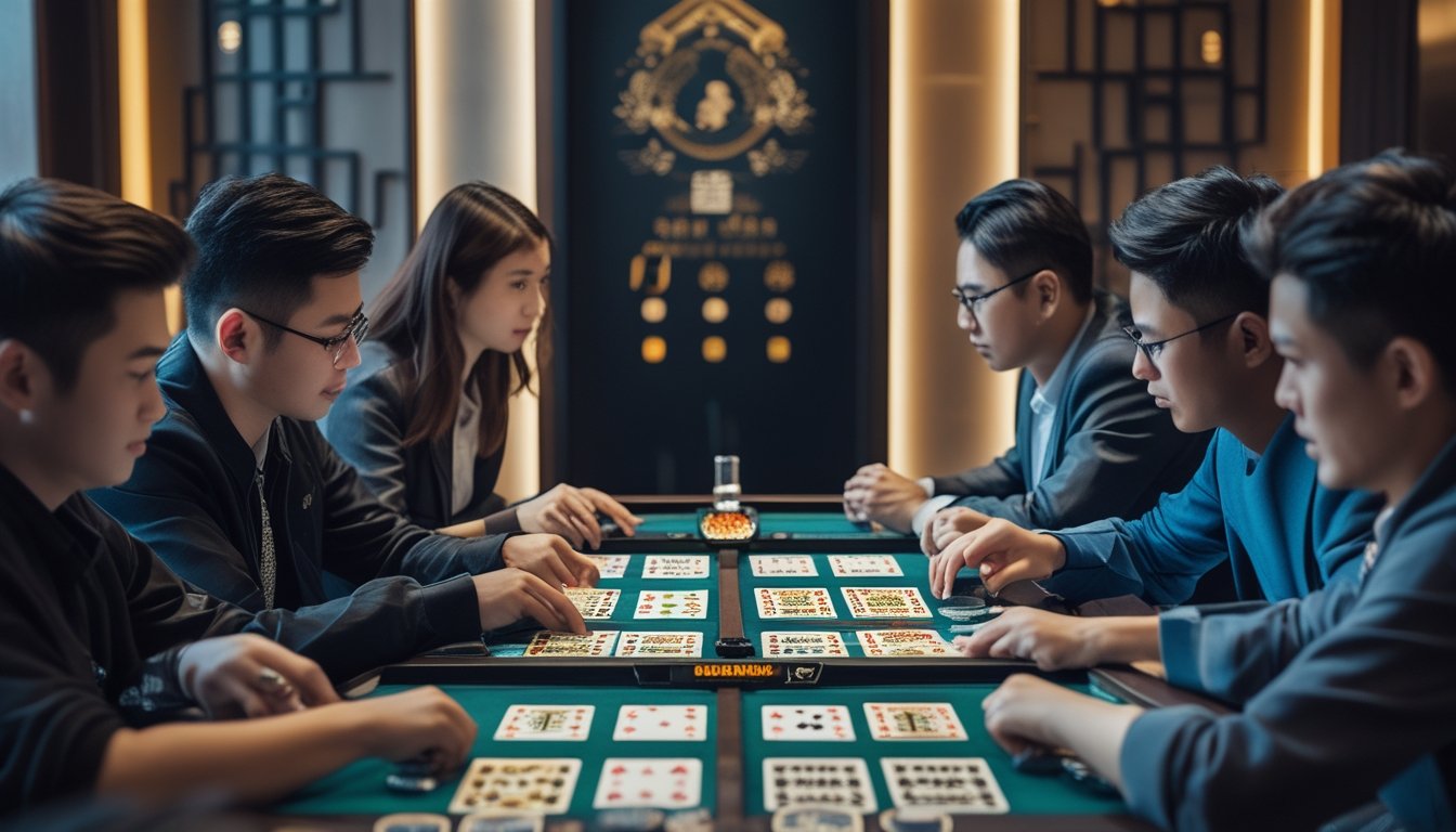 Meja permainan poker dengan kartu terbuka dan tertutup, beberapa pemain fokus bermain di sekitarnya.