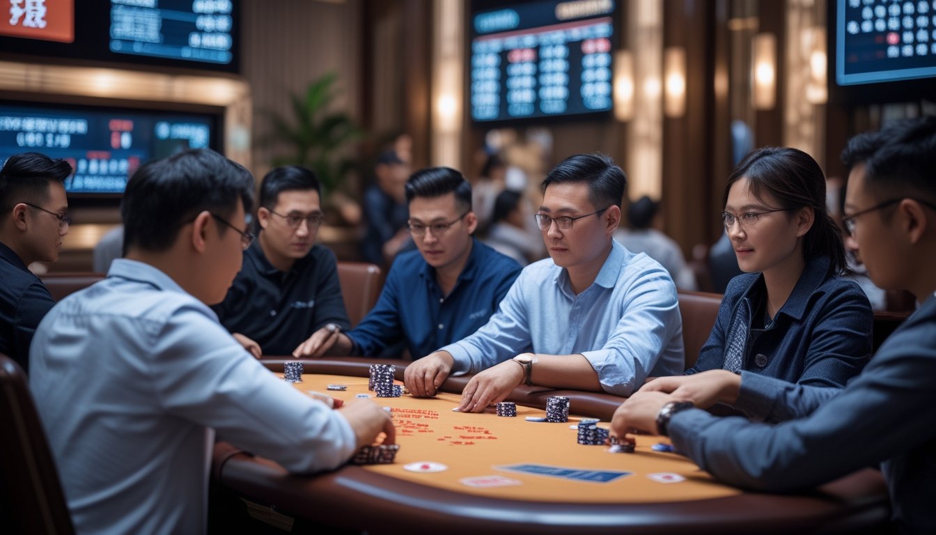 Sekelompok orang bermain Chinese Poker di meja kasino dengan suasana turnamen harian yang sibuk.