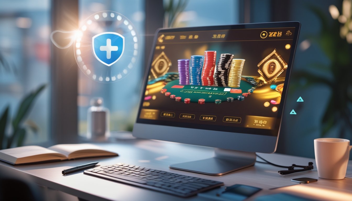 Sebuah meja kerja dengan komputer menampilkan permainan Chinese Poker digital, dilengkapi chip dan kartu, dengan suasana terang dan rapi.