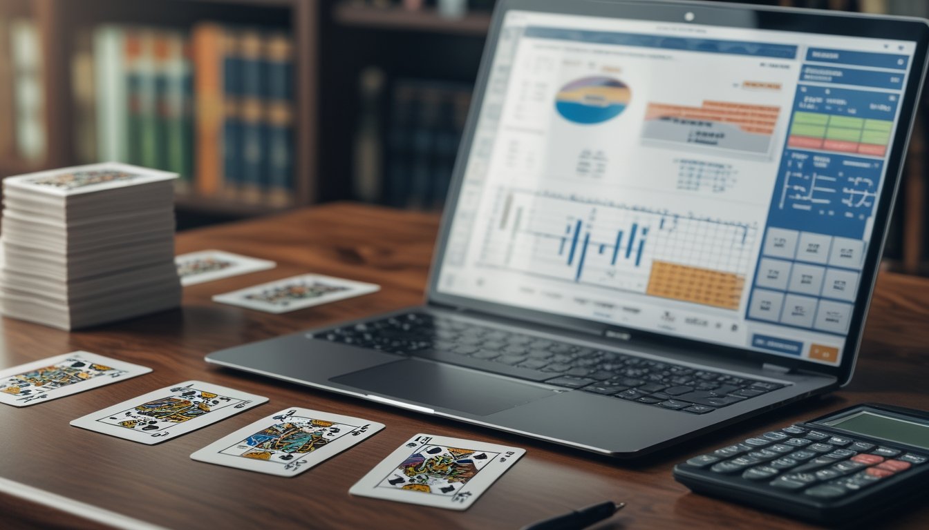 Meja kayu dengan kartu poker China bertema naga, buku catatan dengan rumus matematika, kalkulator, dan laptop yang menampilkan grafik peluang.