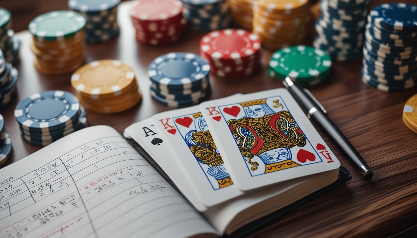Tampilan dekat meja permainan Chinese Poker dengan kartu kombinasi Dragon, tumpukan chip poker, dan buku catatan matematika terbuka.