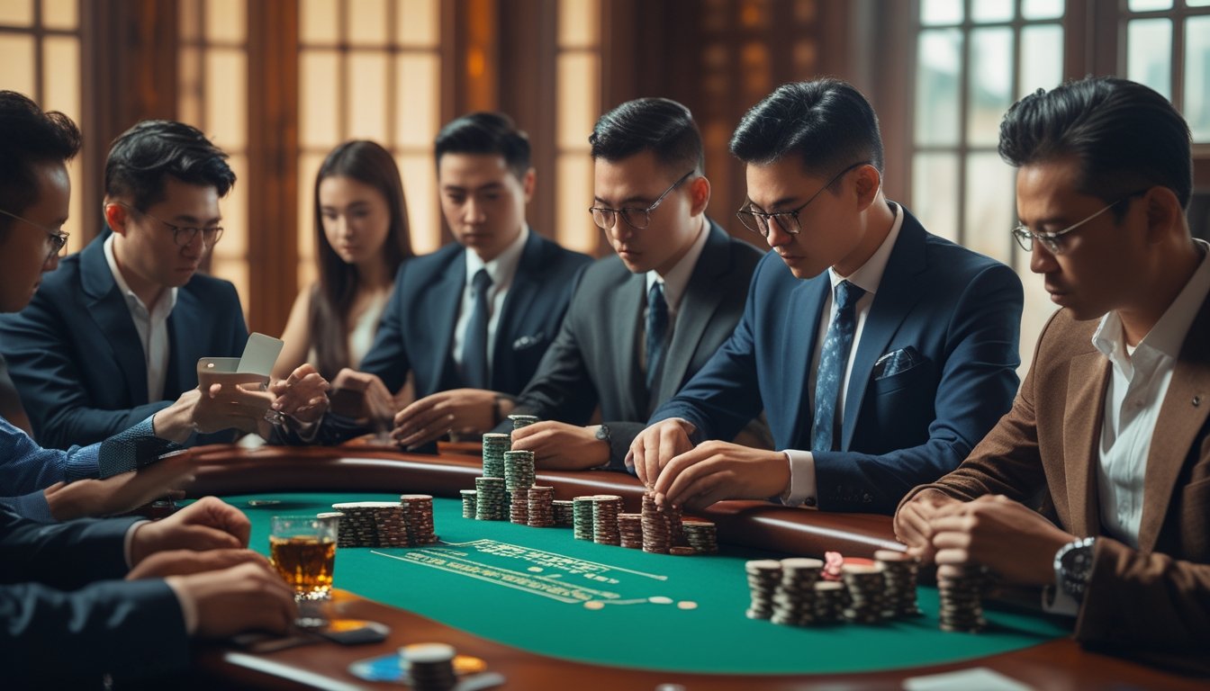 Beberapa pemain poker duduk di meja dengan tumpukan chip dan kartu, tampak serius dan fokus bermain Chinese Poker dengan taruhan tinggi.