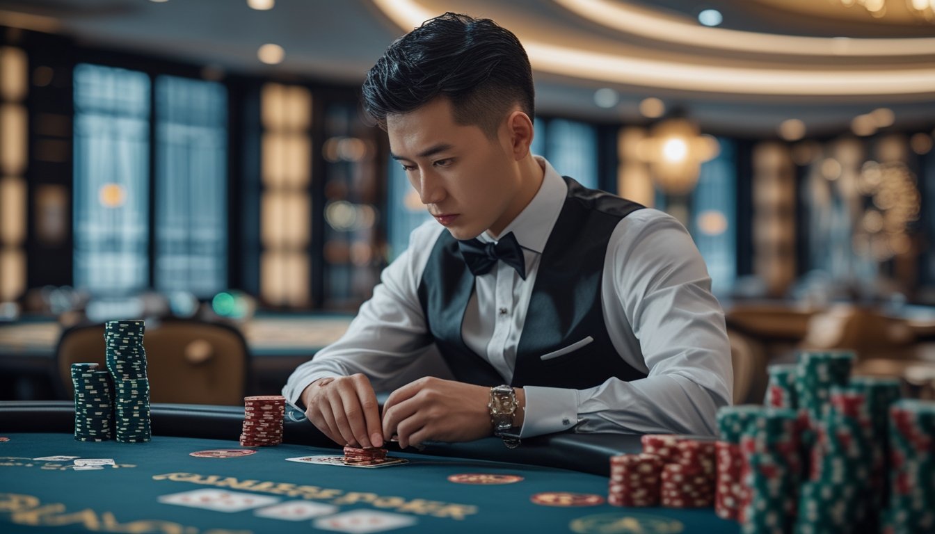 Seorang pemain poker berpakaian rapi sedang menganalisis kartu di meja poker mewah dengan tumpukan chip di depannya di dalam kasino yang elegan.