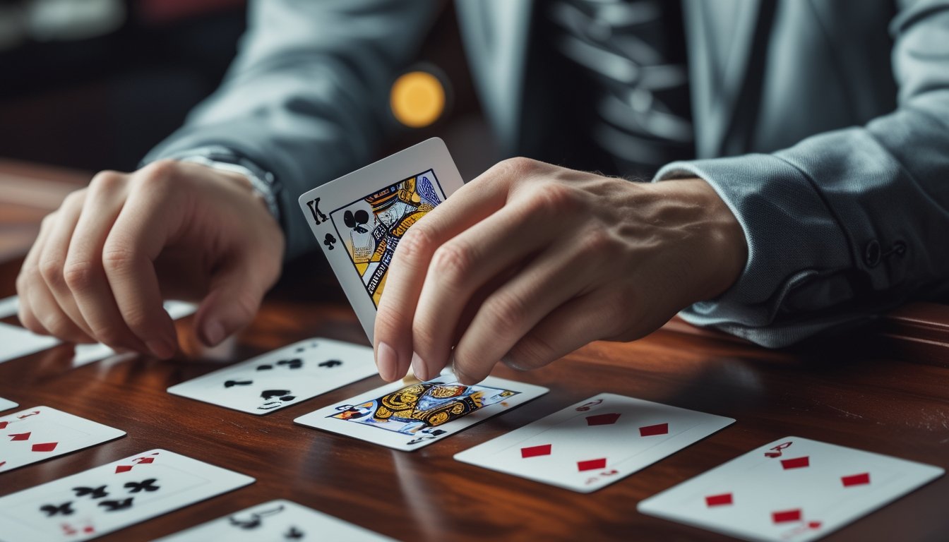 Seseorang sedang memegang dan mengatur kartu poker di atas meja kayu saat bermain Chinese Poker Pro.