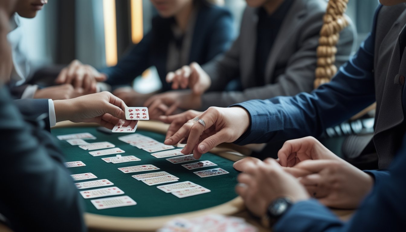 Seorang pemain sedang mengatur kartu poker China di meja permainan dengan fokus dan konsentrasi.