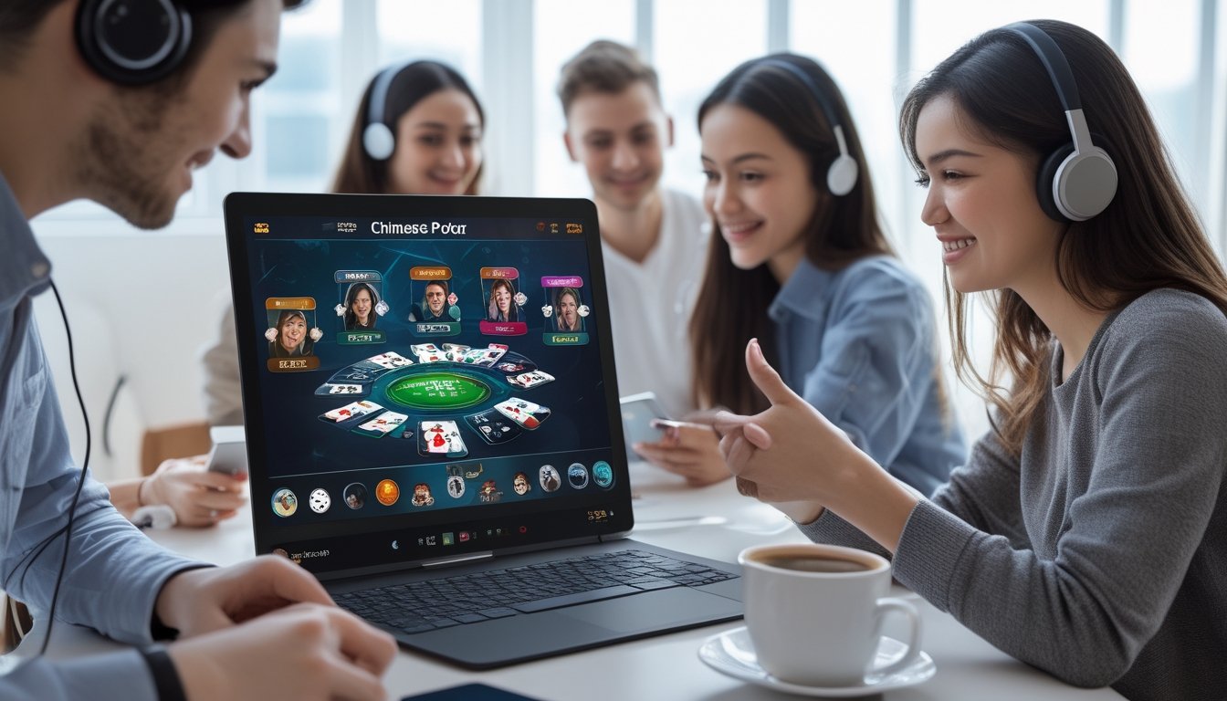 Beberapa orang muda sedang bermain permainan Chinese Poker secara multiplayer di perangkat digital di ruang kerja yang terang dan rapi.