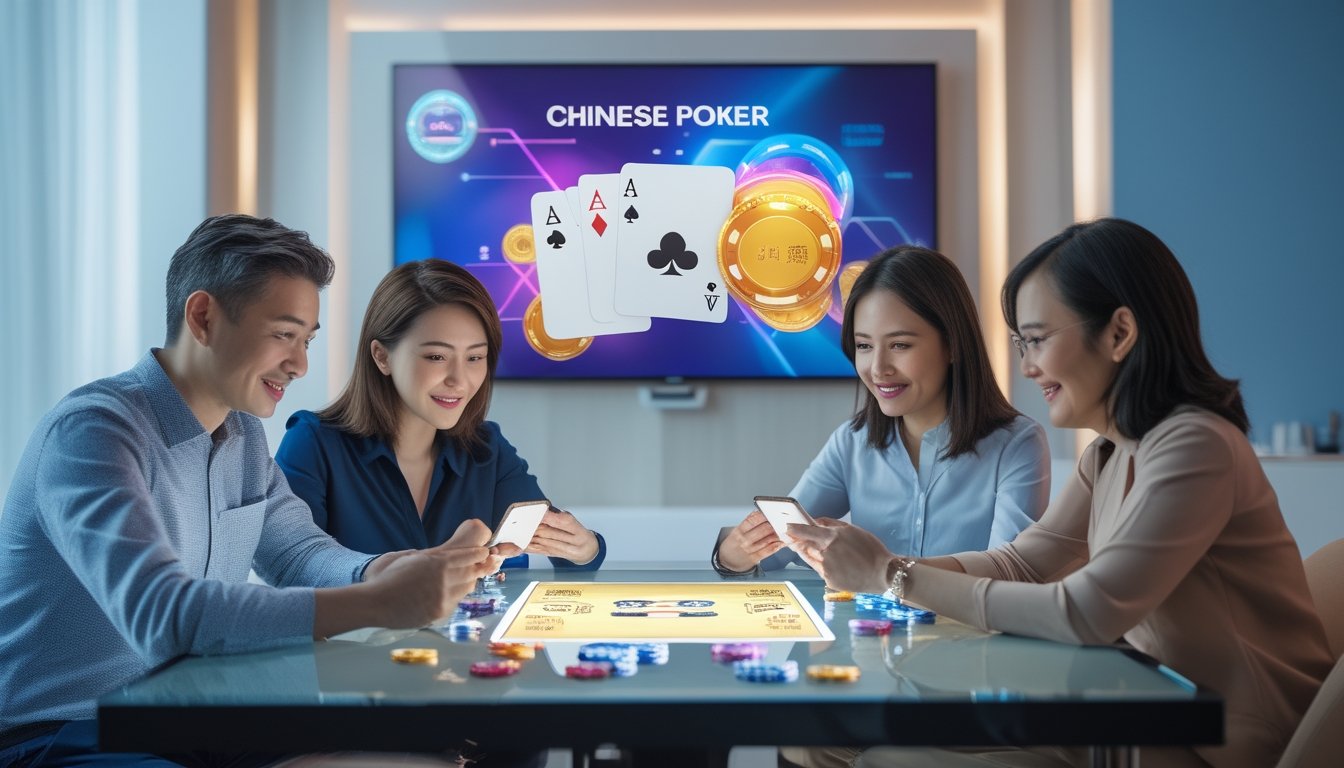 Empat orang dewasa bermain poker Cina secara multipemain menggunakan perangkat digital di meja kaca dalam ruangan modern.