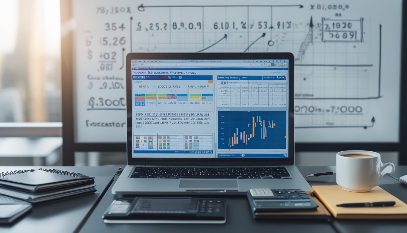 Meja kerja dengan laptop menampilkan data angka dan grafik, alat tulis, kalkulator, dan papan tulis dengan diagram angka di latar belakang.