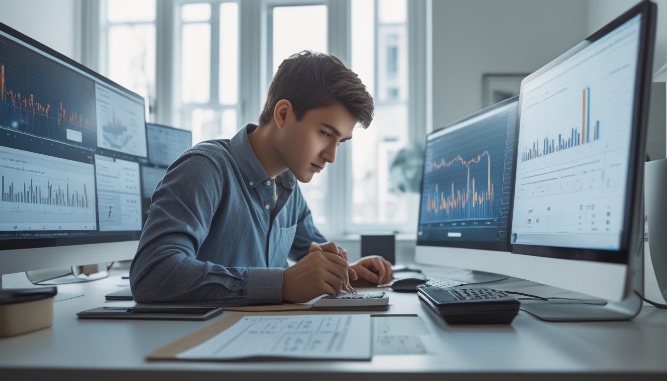 Seseorang duduk di meja kerja dengan komputer dan alat tulis, sedang menganalisis data dan membuat catatan.