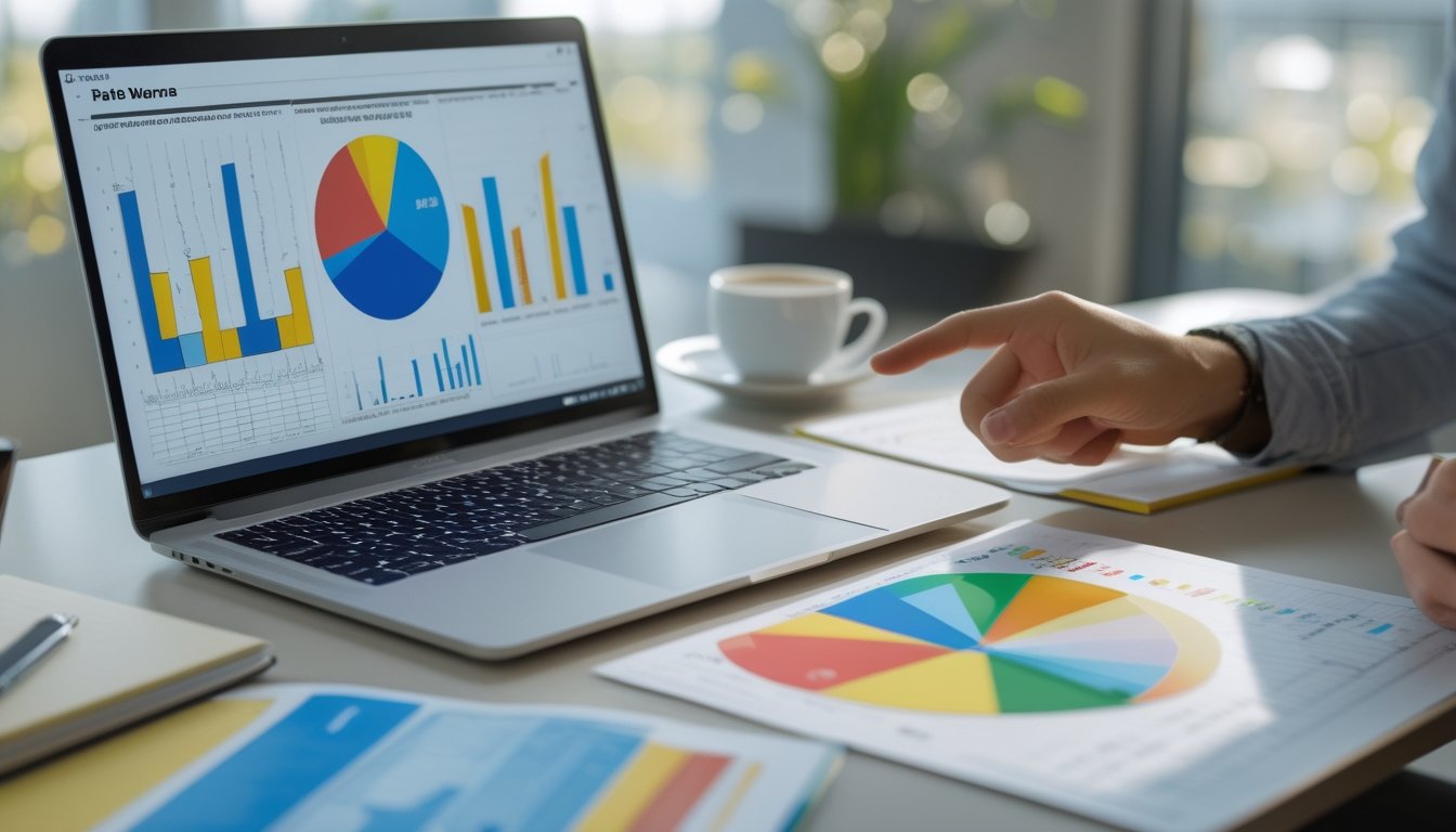 Seseorang sedang menganalisis grafik warna-warni dan data angka pada laptop dan kertas di meja kerja.