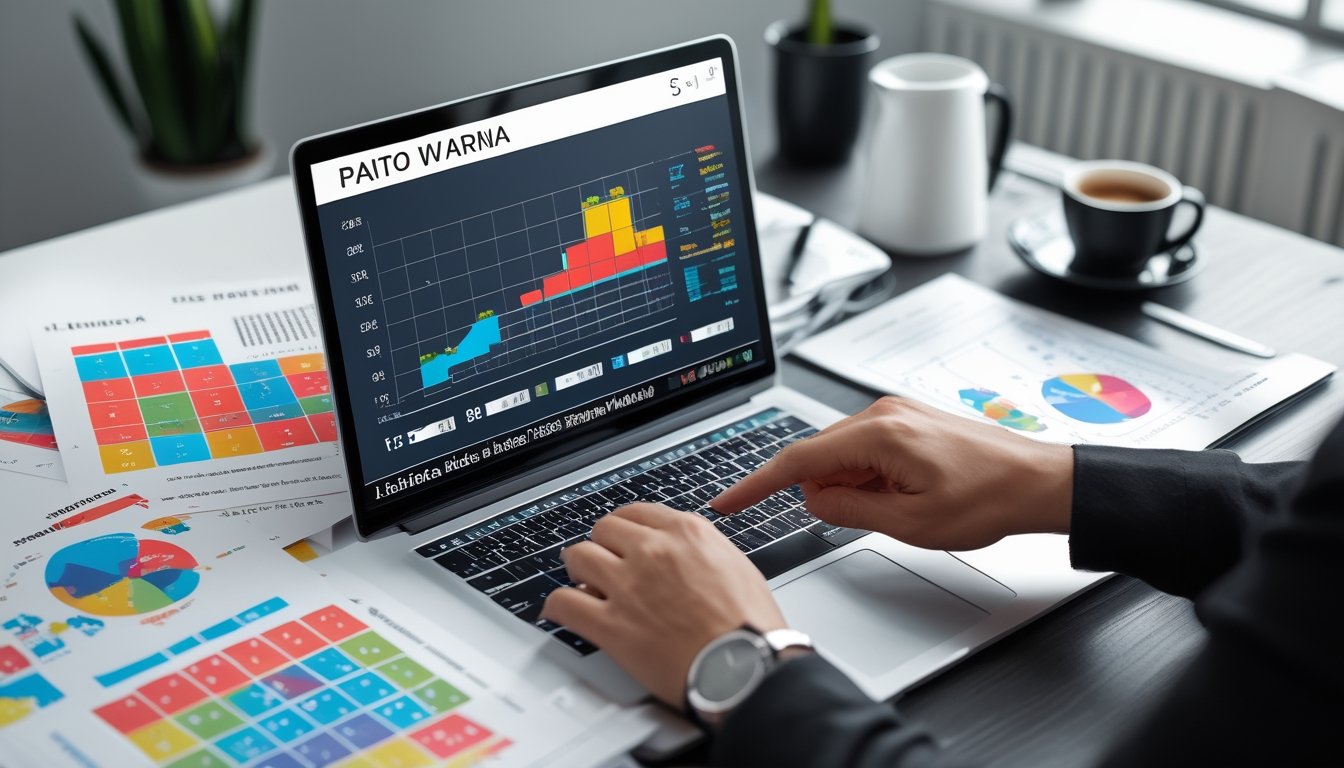 Meja kerja dengan laptop menampilkan grafik warna-warni dan kertas berisi angka, seseorang menunjuk angka pada grafik.