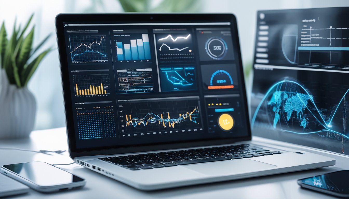 Sebuah ruang kerja modern dengan laptop menampilkan grafik dan smartphone dengan pembaruan waktu nyata, menekankan teknologi prediksi dan kecepatan hasil.