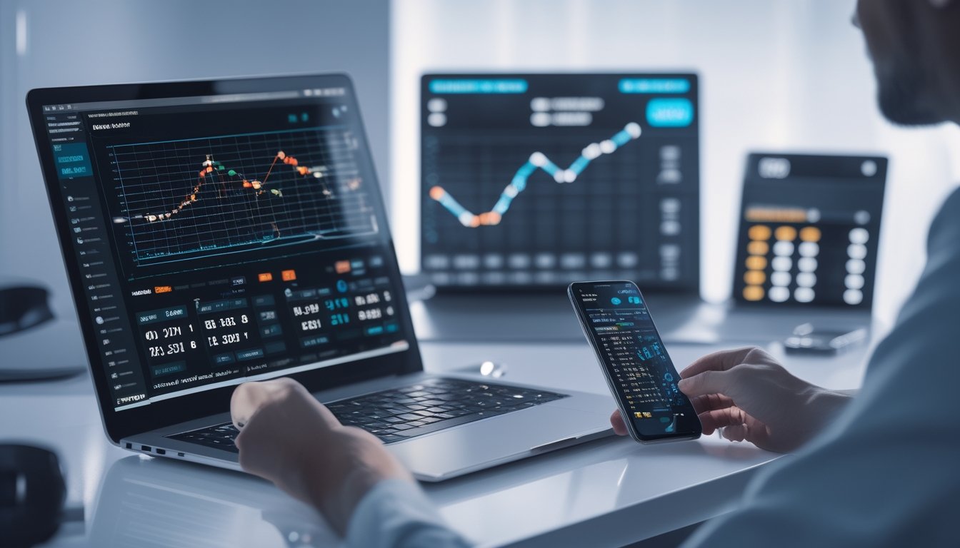 Seorang pengguna bekerja dengan laptop dan ponsel yang menampilkan data dan hasil keluaran togel terbaru di meja kerja modern.