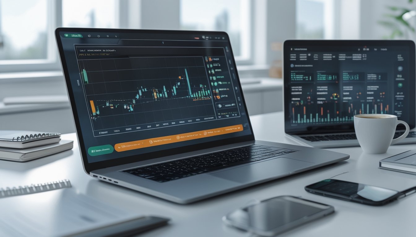 Seorang profesional sedang bekerja di meja dengan laptop yang menampilkan grafik data dan prediksi angka togel, disertai dengan catatan buku, ponsel, dan cangkir kopi di ruang kantor yang terang.