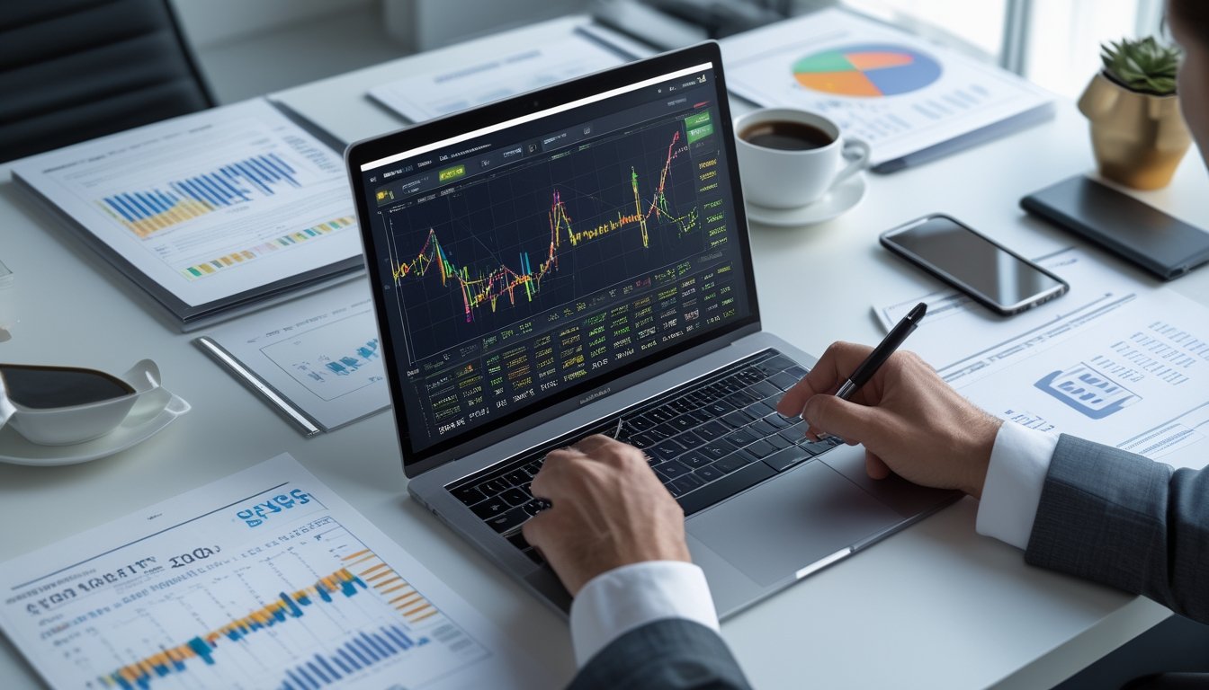 Meja kerja dengan laptop yang menampilkan grafik statistik dan tangan menunjuk layar, dikelilingi oleh dokumen data dan alat tulis.
