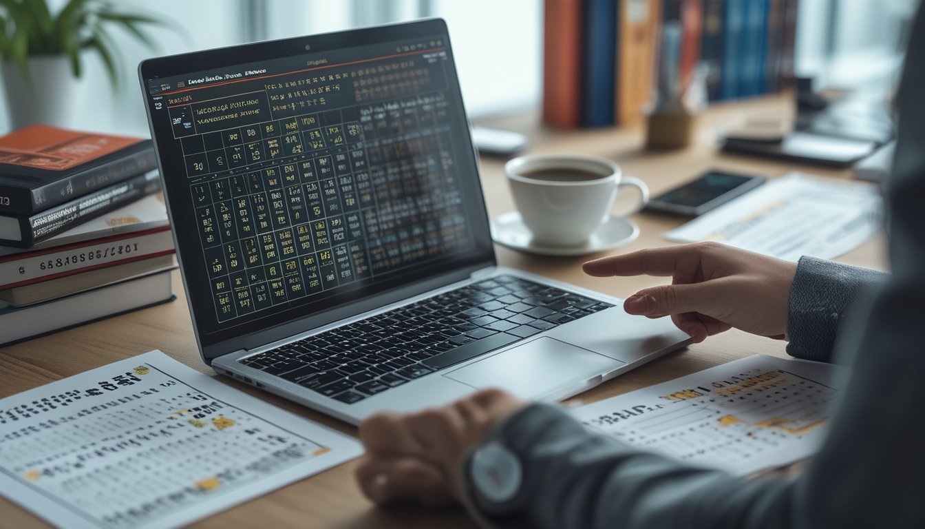 Meja kerja dengan laptop yang menampilkan grafik dan pola angka, tangan seseorang menunjuk layar, di sekitarnya terdapat kertas dengan data angka dan simbol shio.
