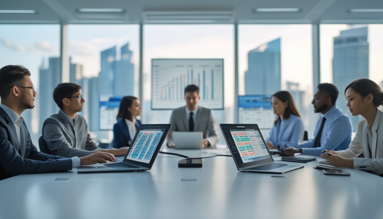 Sekelompok orang sedang menganalisis data di ruang kantor modern dengan layar digital dan perangkat teknologi.