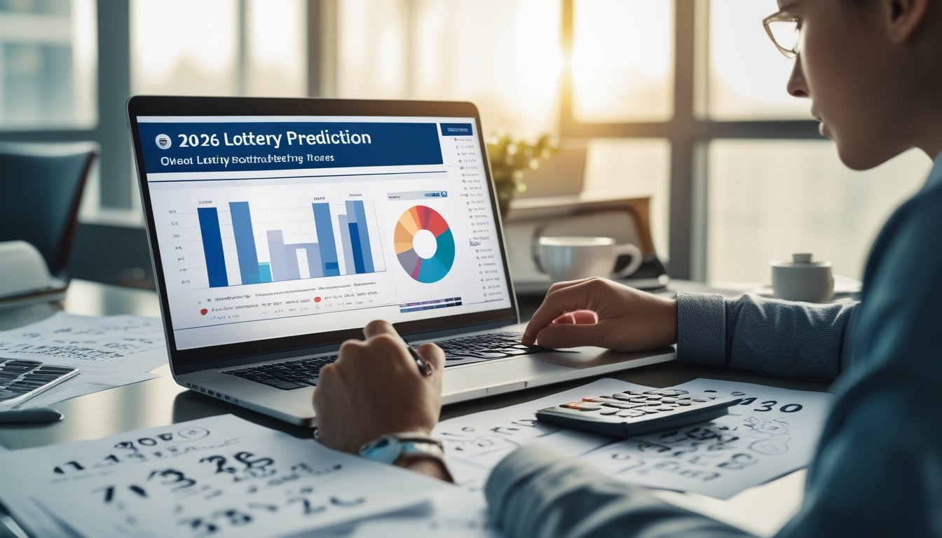 Seseorang sedang menganalisis data prediksi togel di depan laptop dengan kertas catatan dan kalkulator di meja yang rapi.