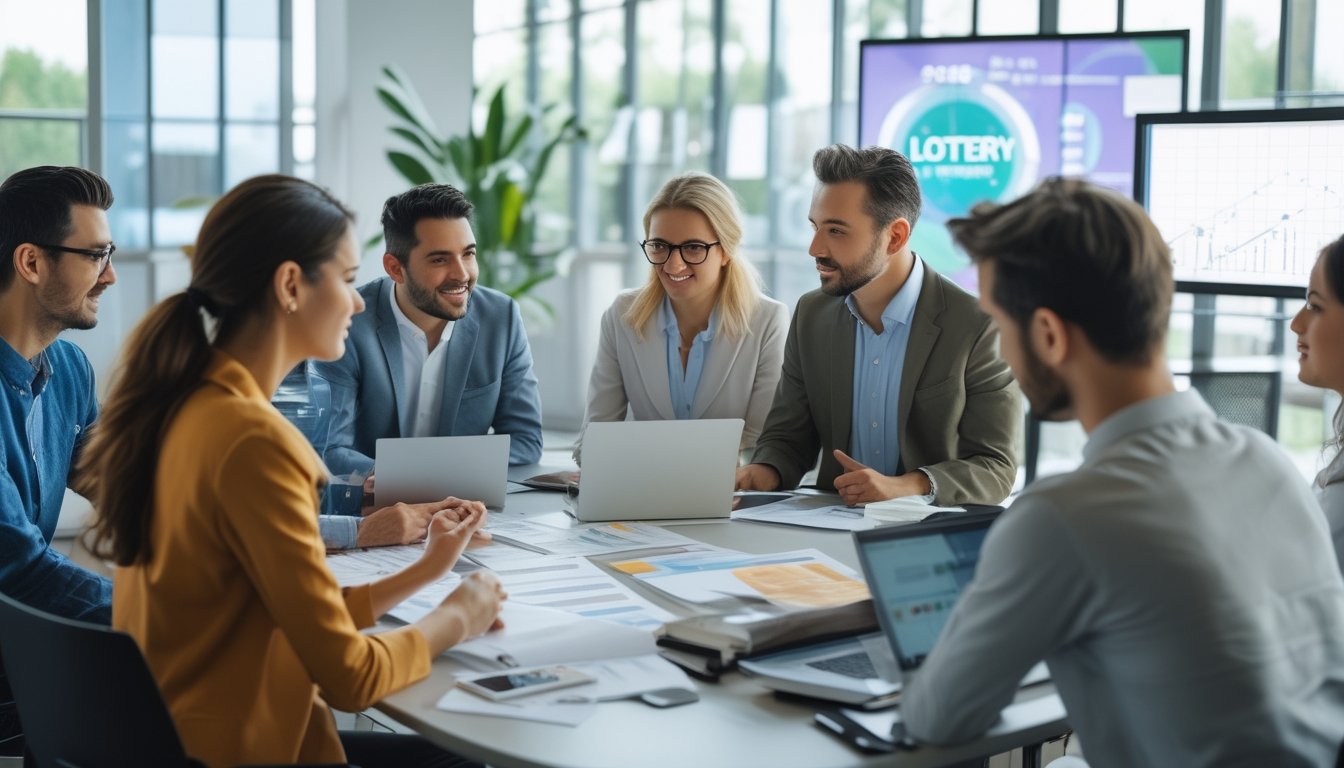 Sekelompok orang sedang berdiskusi serius di sekitar meja kantor dengan laptop dan catatan.