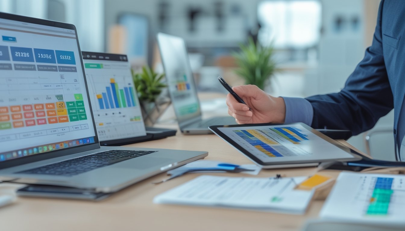 Seorang pria di meja kerja dengan laptop dan tablet yang menampilkan grafik dan data angka togel, sedang menganalisis dengan serius di ruang kantor yang terang dan rapi.