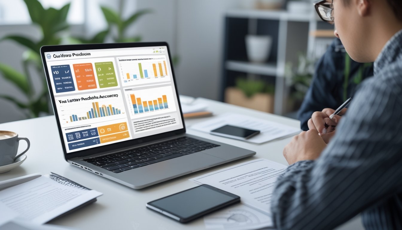 Seseorang sedang bekerja di meja dengan laptop dan dokumen, meninjau data dan grafik terkait prediksi togel tahun 2026.