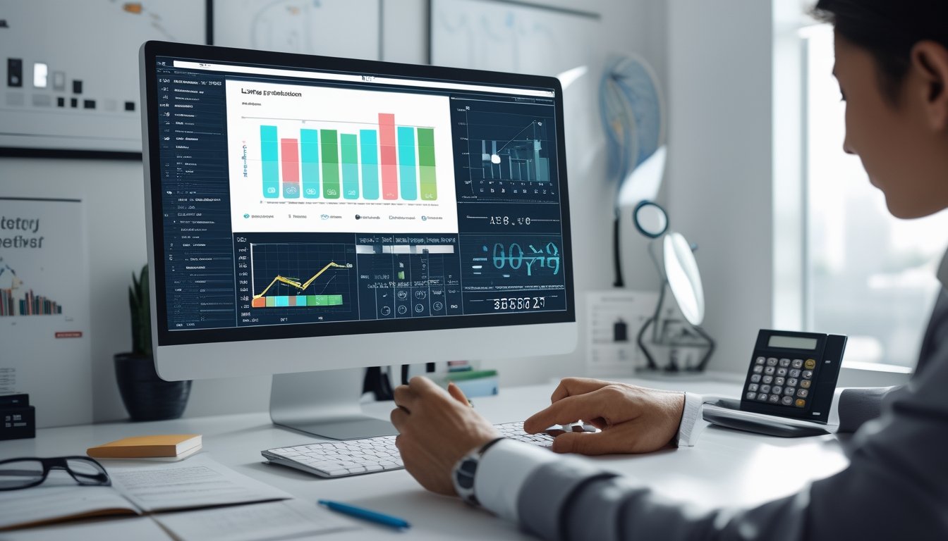Meja kerja modern dengan komputer yang menampilkan grafik dan data angka, tangan seseorang sedang menulis catatan, dan alat evaluasi seperti kalkulator dan kaca pembesar di sekitar.