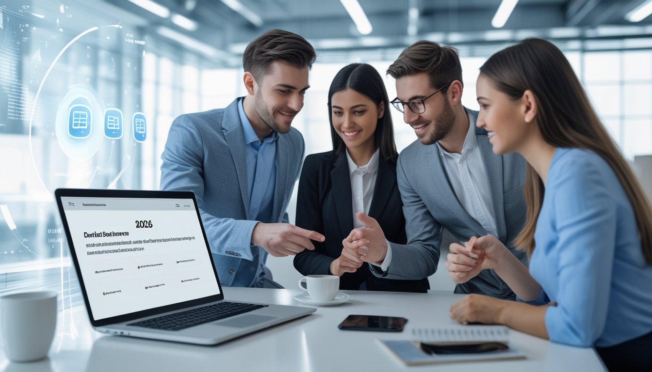 Beberapa profesional muda sedang berdiskusi di depan laptop dengan tampilan antarmuka pendaftaran akun dan proses deposit cepat, di ruang kerja modern.