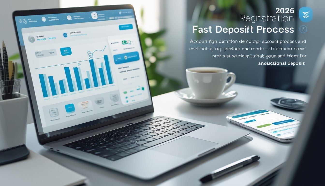 Meja kerja modern dengan laptop dan ponsel yang menampilkan aplikasi keuangan, menunjukkan proses pendaftaran akun dan deposit cepat.