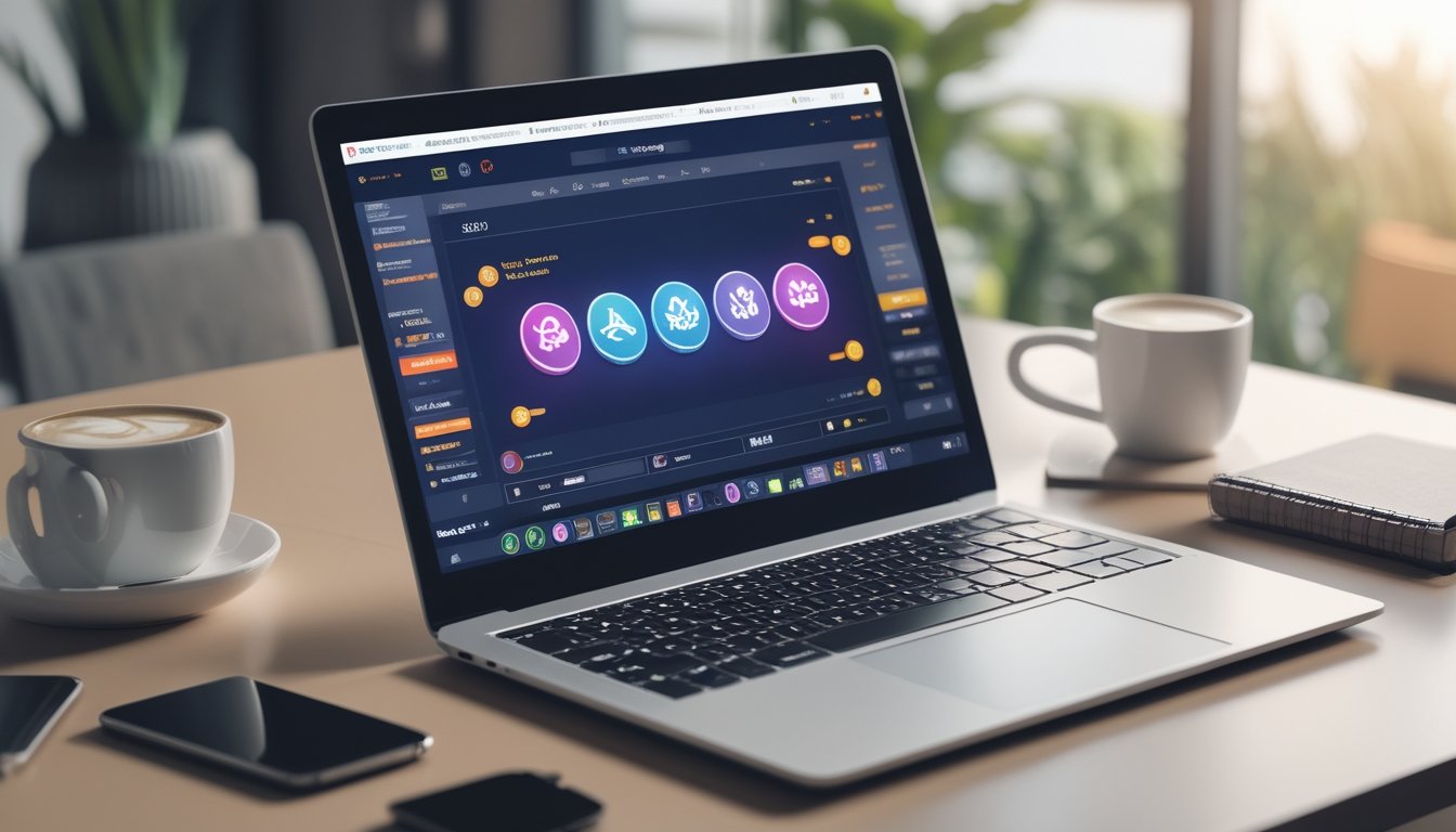 Meja kerja modern dengan laptop yang menampilkan layar permainan digital, secangkir kopi, ponsel, dan buku catatan.