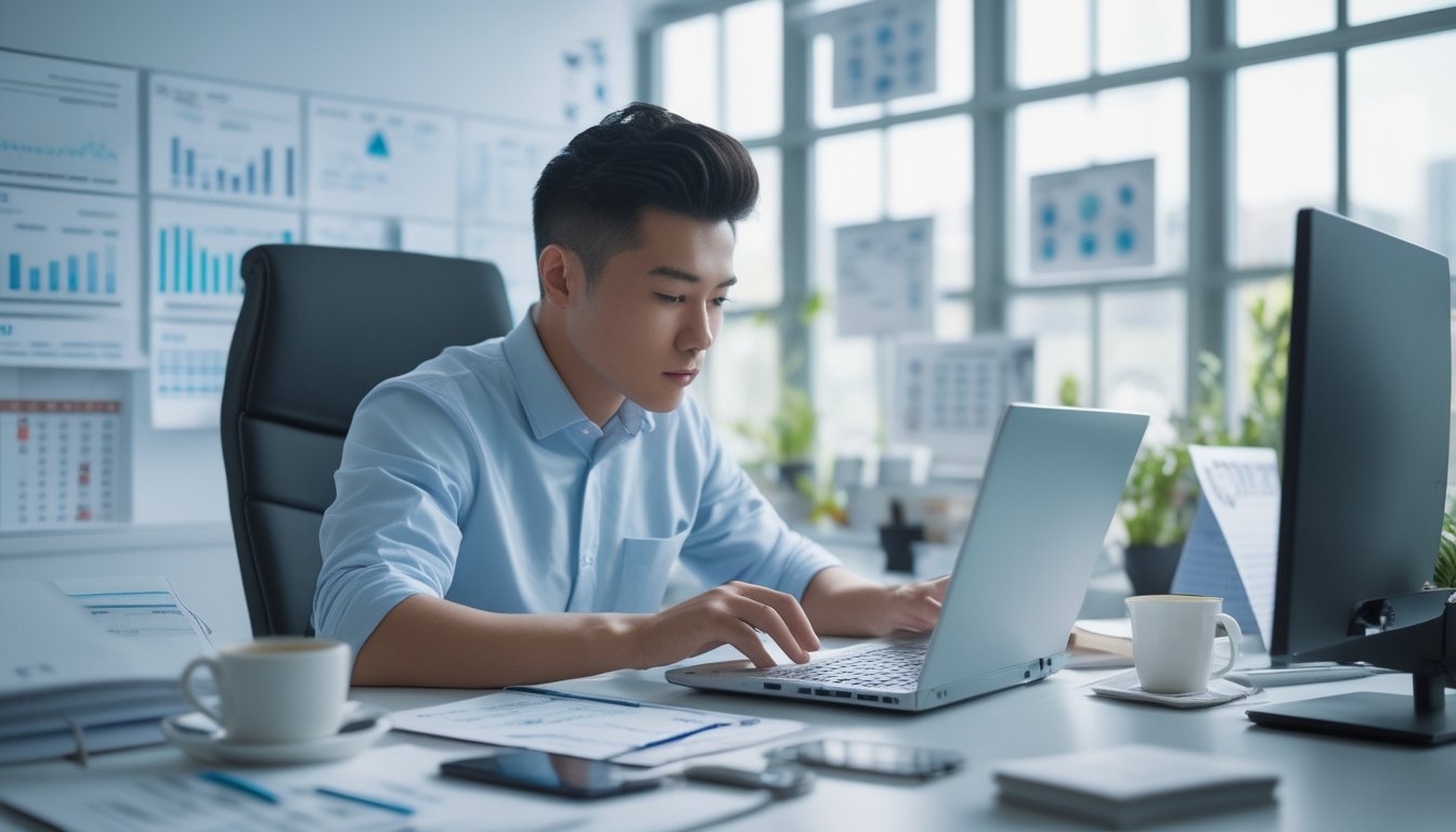 Seorang pria muda duduk di meja kantor modern, sedang mempelajari data dan grafik di layar laptop dengan fokus.